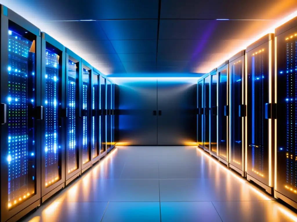 Un data center futurista y dinámico, lleno de servidores de vanguardia y luces LED brillantes, reflejando la migración de AWS a Cloud Computing de código abierto