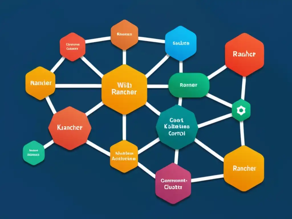 Visualización futurista de gestión de Kubernetes con Rancher: arquitectura compleja, eficiencia y sofisticación en colores dinámicos