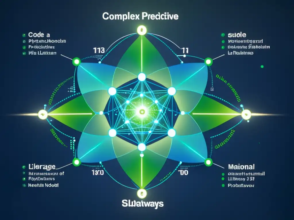 Visualización futurista de modelo predictivo con nodos interconectados en tonos azules y verdes, datos brillantes y ecuaciones