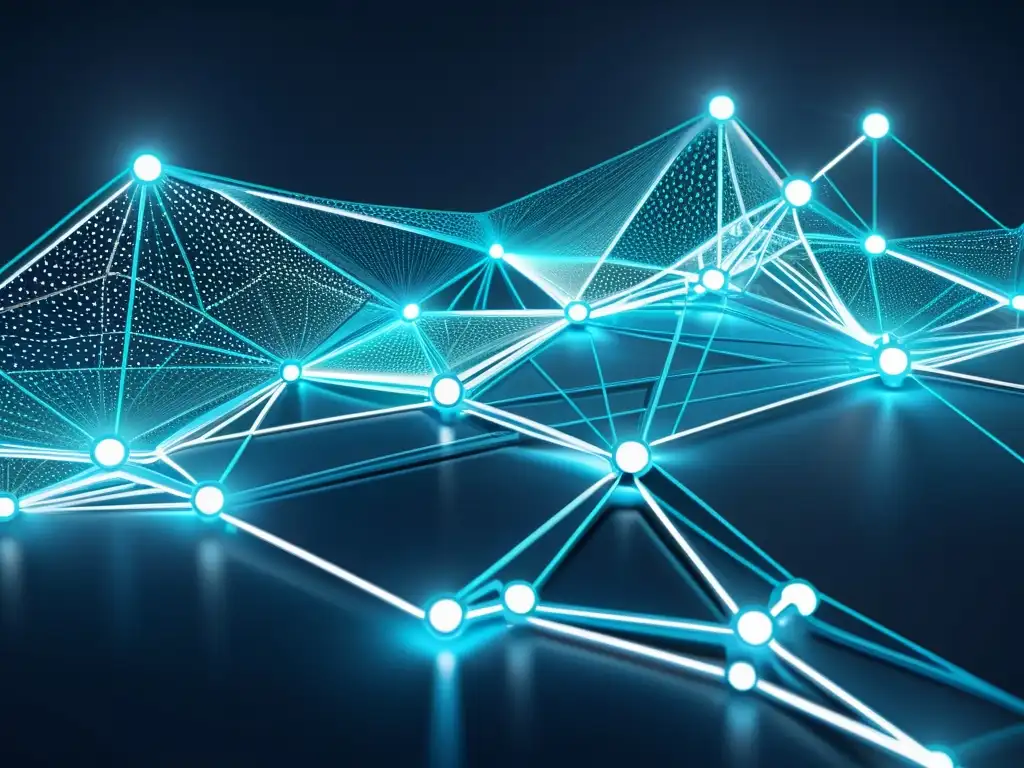 Una visualización futurista de nodos de datos interconectados, con tonos azules y acentos neón