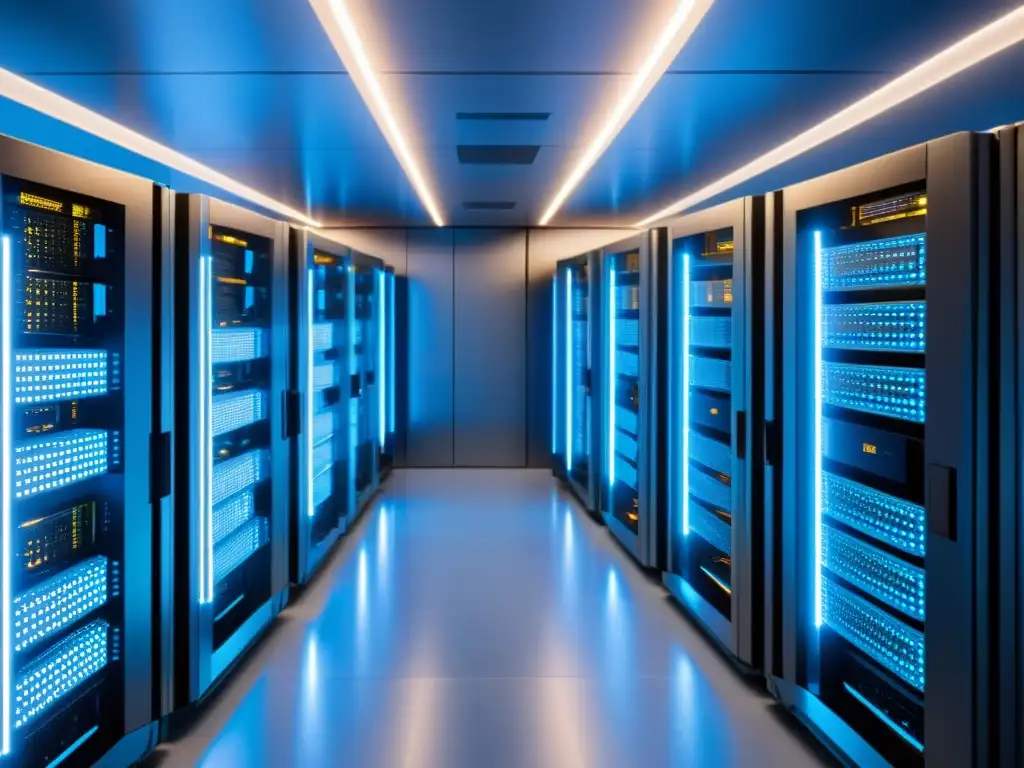 Un futurista y ordenado centro de servidores con equipos de última generación, iluminado por un suave resplandor azul