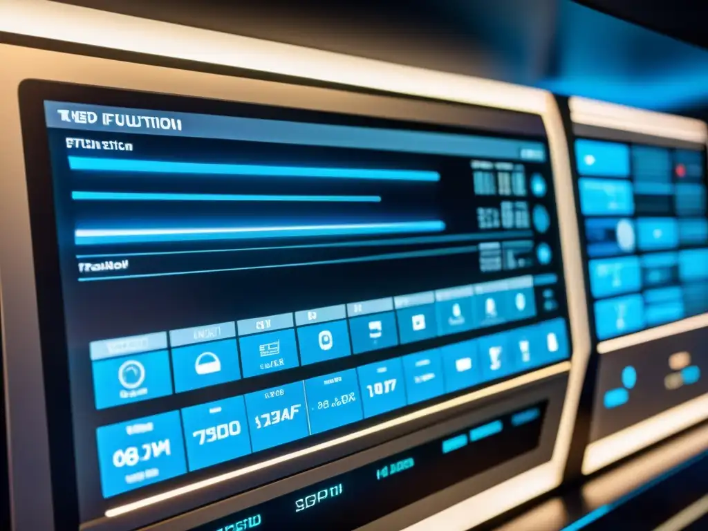 Futurista panel de control con hologramas y pantallas táctiles