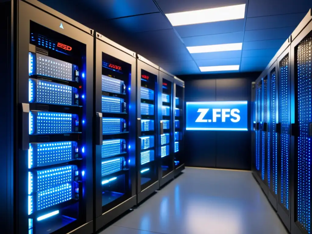 Un futurista y profesional cuarto de servidores con equipos ZFS en FreeBSD, bañado en luz azul