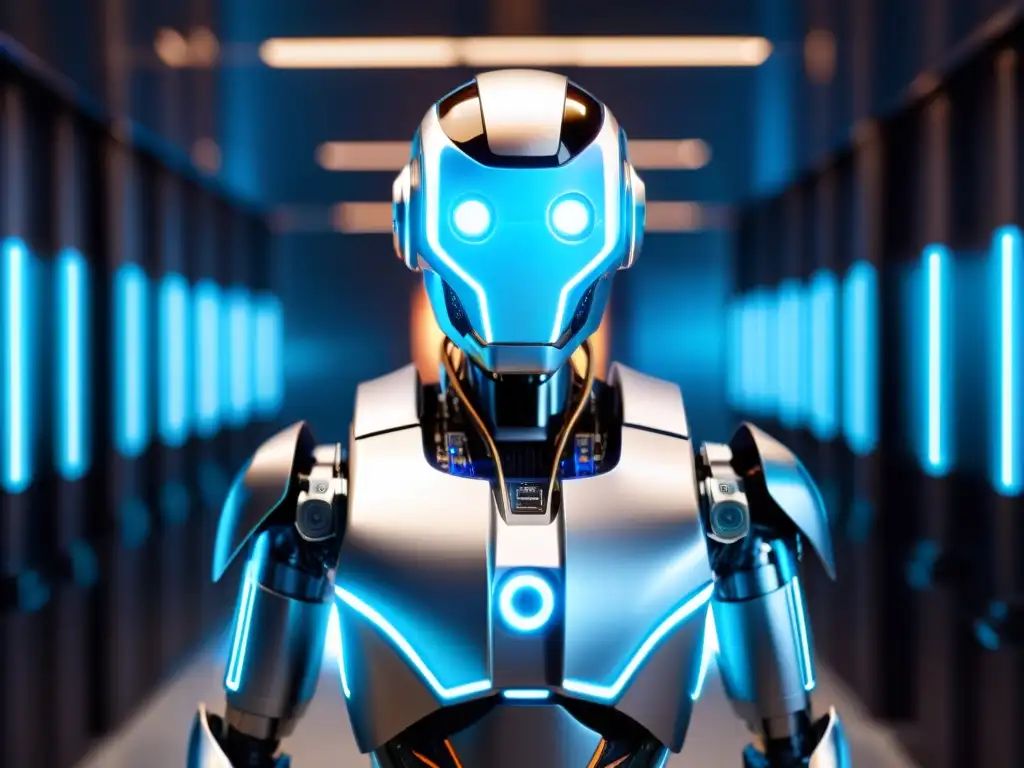 Futurista robot con circuitos azules fusionando Blockchain y Robótica de Código Abierto en laboratorio de alta tecnología