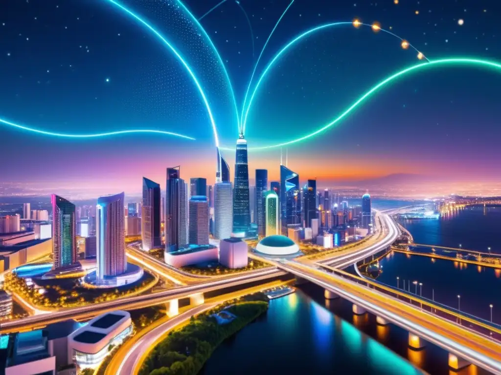 Un futurista skyline de ciudad inteligente resplandeciente con luces neón, reflejando el potencial del código abierto en IoT