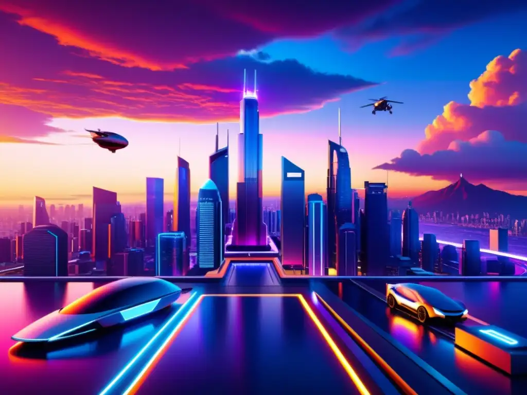 Cityscape futurista en 3D con software de código abierto para modelado 3D, mostrando rascacielos, vehículos voladores y luces neón vibrantes contra un atardecer dramático