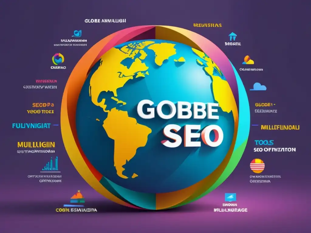 Un globo terráqueo rodeado de herramientas SEO multilingües, reflejando diversidad y modernidad en el análisis multilingüe de SEO