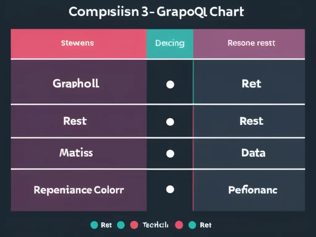 Gráfico comparativo detallado de GraphQL y REST, con representaciones visuales claras de métodos de obtención de datos, estructuras de respuesta y métricas de rendimiento