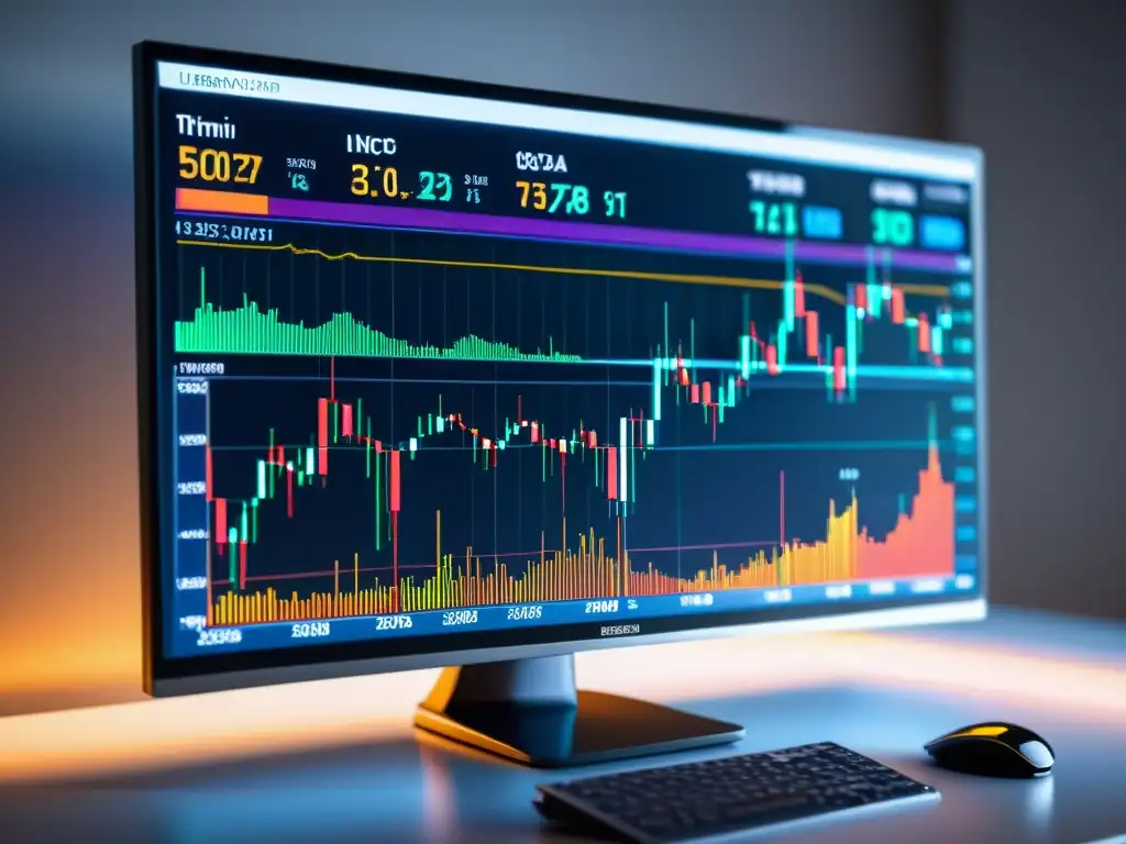 Un gráfico financiero detallado en un monitor moderno de 8k, con colores vibrantes y líneas dinámicas, ideal para la predicción de series temporales con Prophet