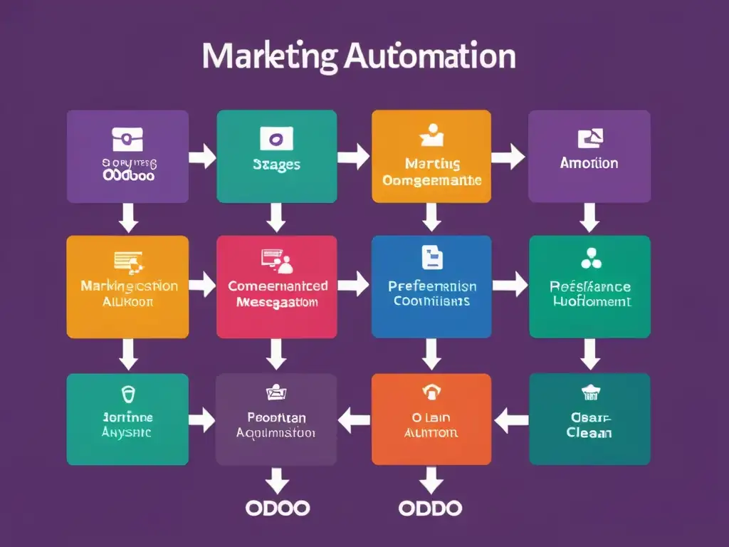 Un gráfico moderno y dinámico muestra la automatización de marketing con Odoo, con colores vibrantes y diseño minimalista