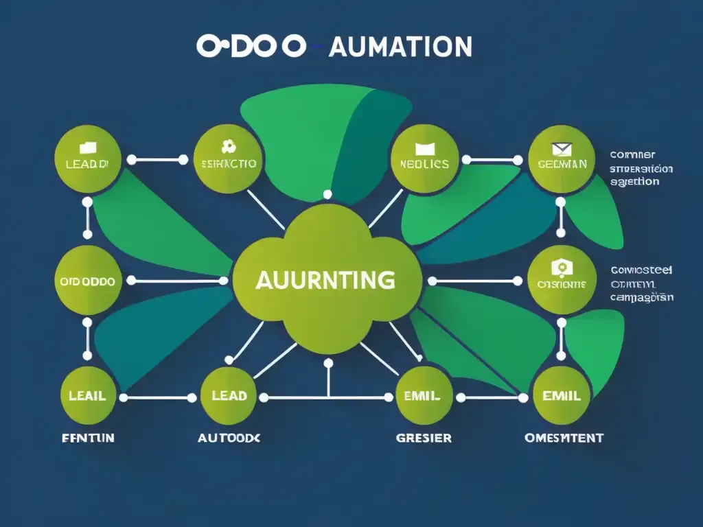 Gráfico moderno de flujo virtual de automatización de marketing con Odoo, evocando eficiencia y tecnología avanzada