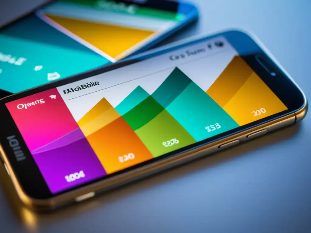 Gráficos dinámicos de análisis económico de sistemas operativos móviles en pantalla de smartphone, con datos claros y vibrantes colores