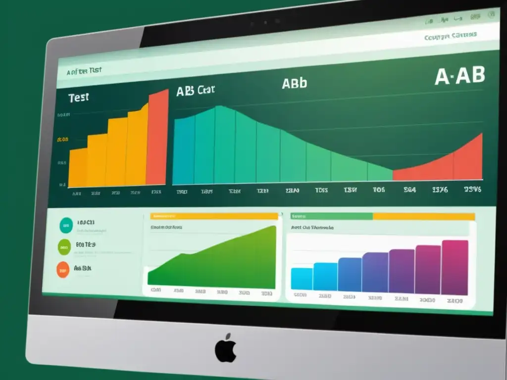 Gráficos de comparación A/B en pantalla, con diseño moderno y colores vibrantes, para optimización de conversiones con software abierto