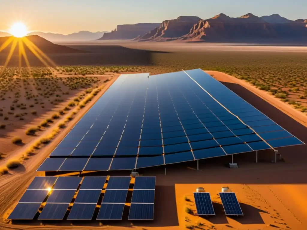 Un gran campo de paneles solares se extiende en el desierto al atardecer, irradiando una cálida luz dorada