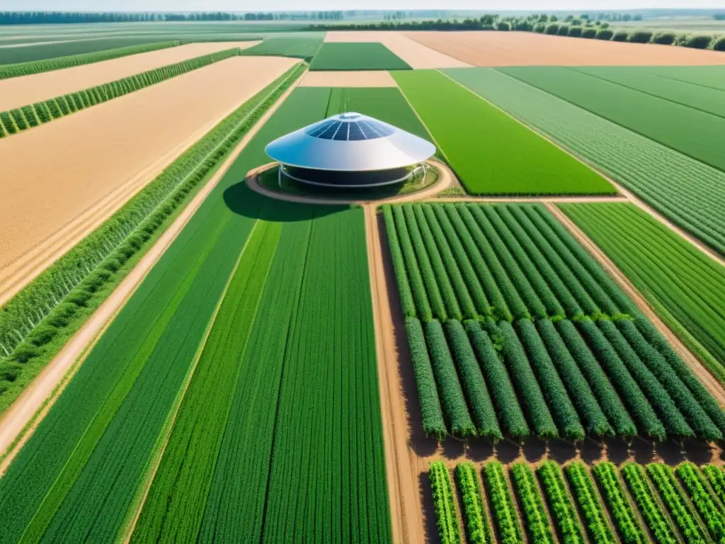 Una granja moderna con tecnología AI aplicada en agricultura inteligente, rodeada de campos verdes con cultivos de precisión