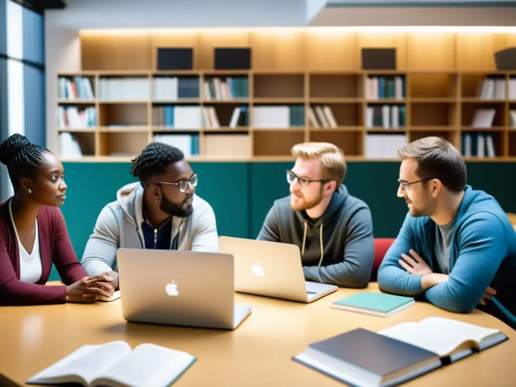 Grupo de académicos y investigadores debatiendo sobre el desarrollo de software libre, rodeados de publicaciones académicas