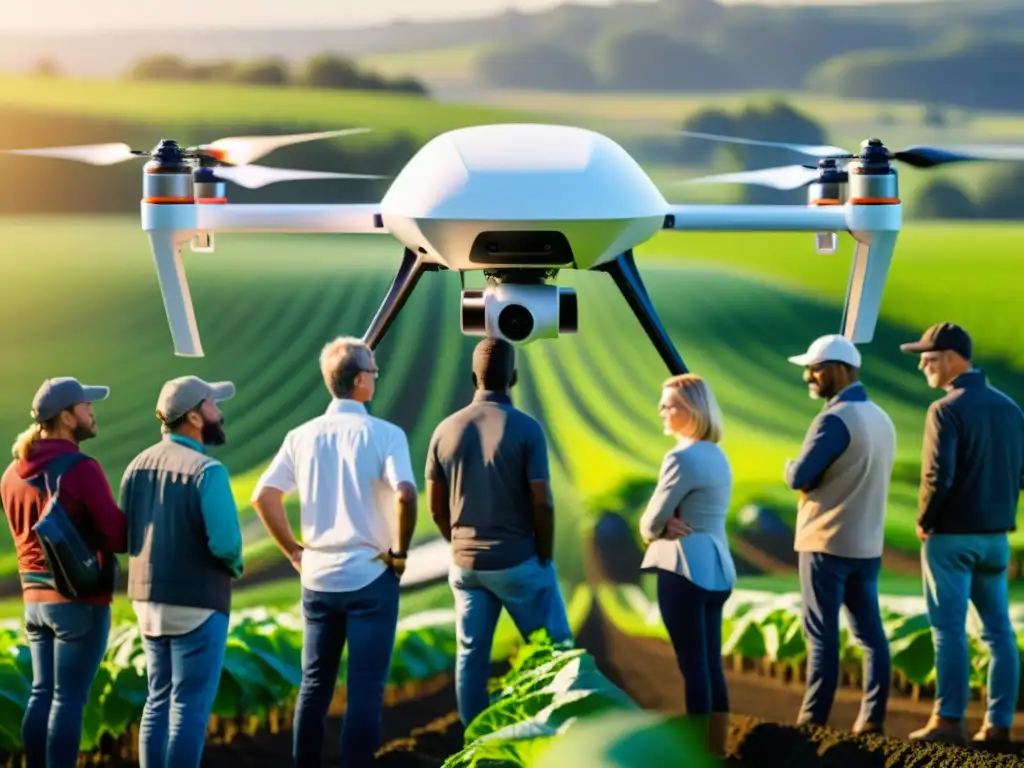 Un grupo de agricultores y expertos agrícolas colaborando en un campo soleado, con un dron agrícola de alta tecnología