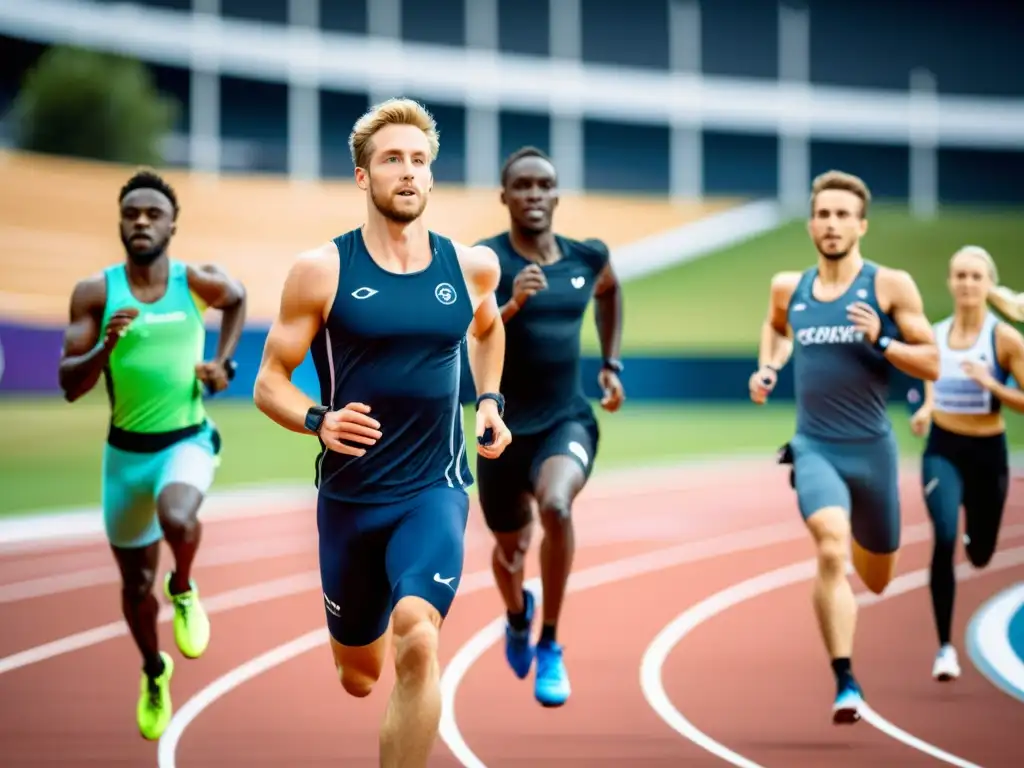 Grupo de atletas usando tecnología de código abierto en deporte, entrenando en una pista futurista al aire libre, rodeados de sensores y drones