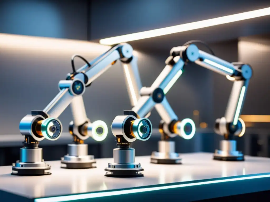 Robótica futurista: Ensamblaje perfecto con brazos robóticos avanzados Un grupo de brazos robóticos futuristas, trabajando en perfecta sincronización para ensamblar maquinaria compleja