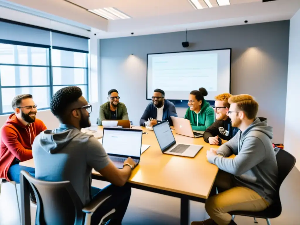 Grupo colaborativo en hackathon de código abierto, trabajando juntos con entusiasmo e innovación