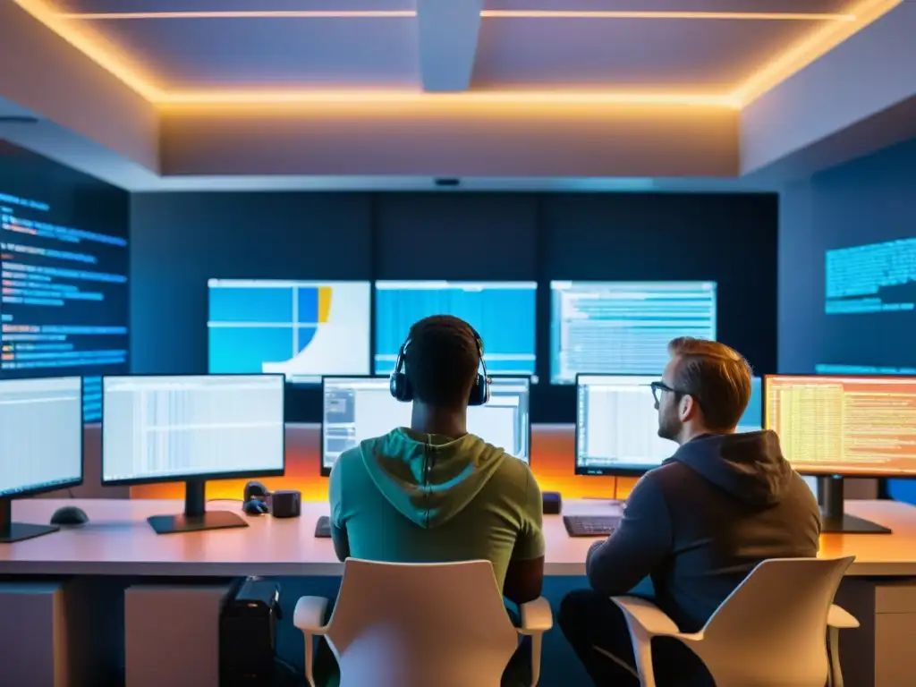 Un grupo de desarrolladores de software colaborando en un ambiente moderno y tecnológico, inmersos en su trabajo con determinación