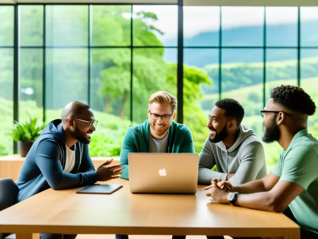 Un grupo de desarrolladores de software colaborando en una sala llena de luz natural, con una ventana que da a un paisaje verde