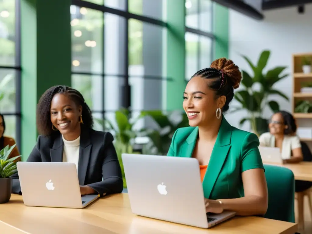 Un grupo dinámico de mujeres colabora en un moderno espacio de coworking, impulsando la innovación en Open Source