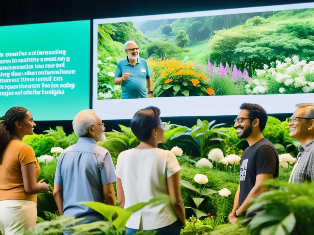 Un grupo diverso de activistas, jóvenes y mayores, se reúnen alrededor de una pantalla digital interactiva en medio de un entorno natural exuberante