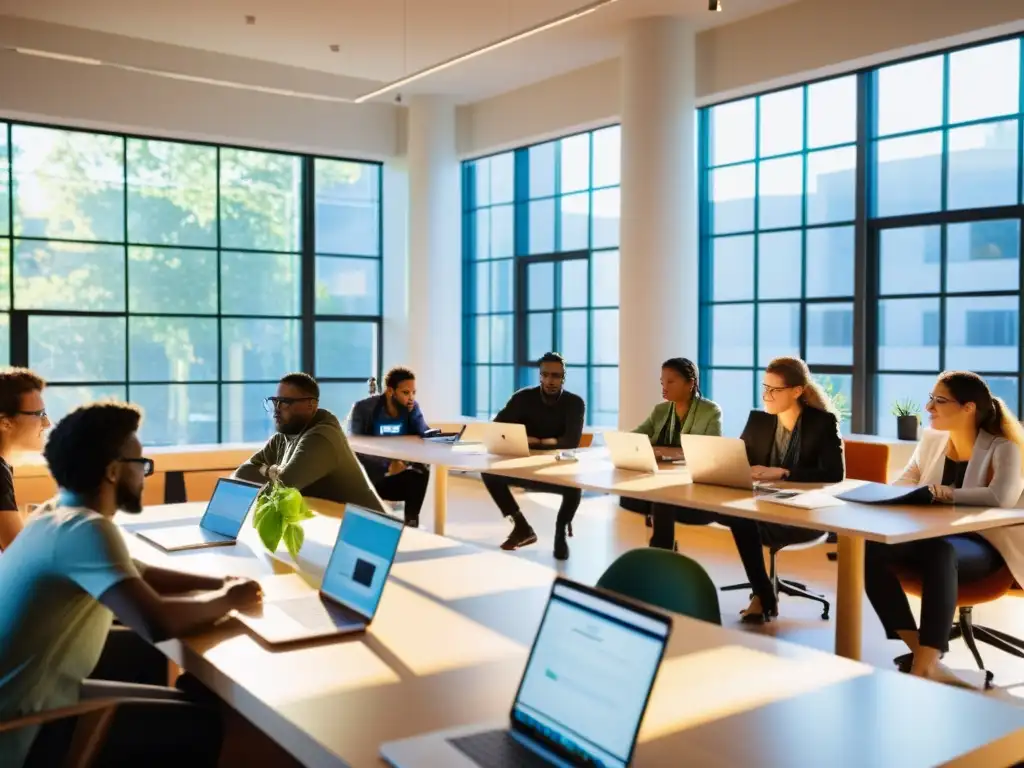 Un grupo diverso de activistas colabora en una sala iluminada por luz natural, utilizando herramientas de software de código abierto para el activismo ambiental