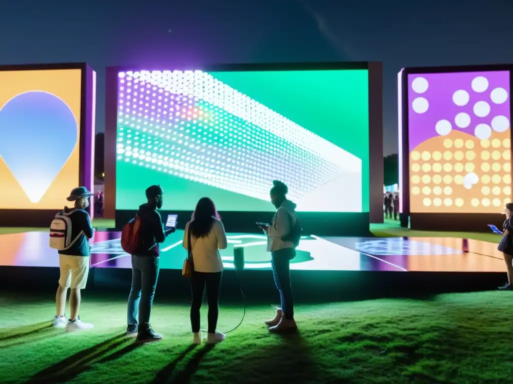 Grupo diverso de artistas y entusiastas de la tecnología creando instalaciones de arte digital interactivo en un festival al aire libre