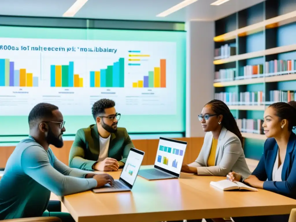 Un grupo diverso en una biblioteca moderna, inmersos en laptops y gráficos coloridos