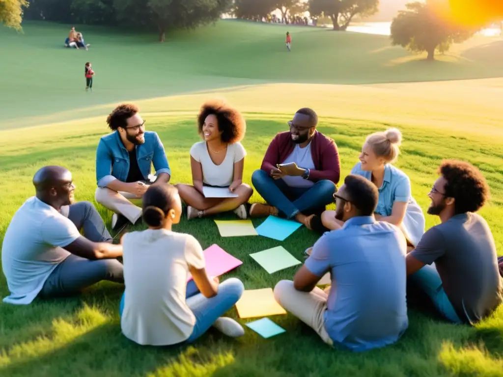 Un grupo diverso se reúne en círculo en un campo, discutiendo sobre el desarrollo sostenible de software de código abierto