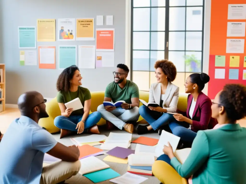 Un grupo diverso comparte conocimientos en comunidad con entusiasmo y pasión, rodeados de libros y tecnología