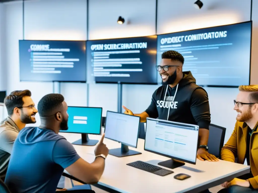 Grupo diverso de desarrolladores colaborando en un espacio de coworking moderno, contribuyendo a proyectos open source