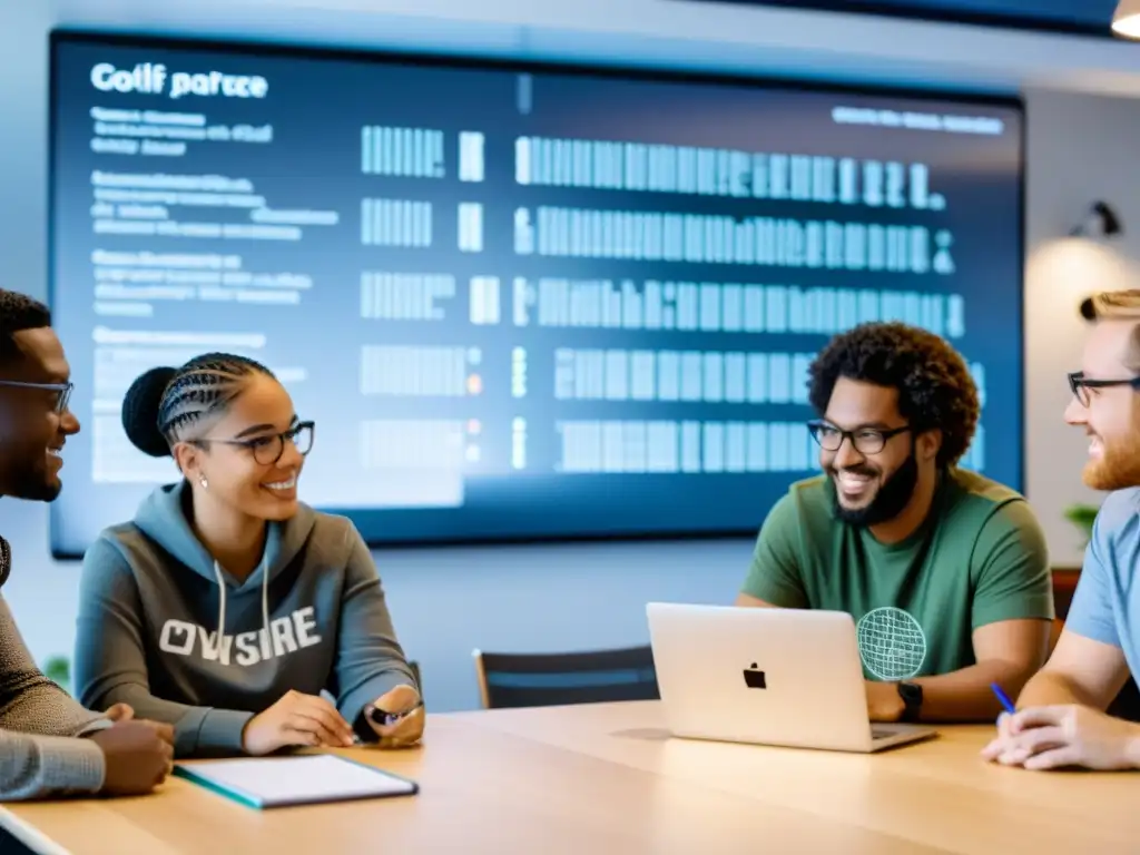 Un grupo diverso de desarrolladores colabora en herramientas de cifrado de datos con herramientas open source en un moderno espacio de coworking