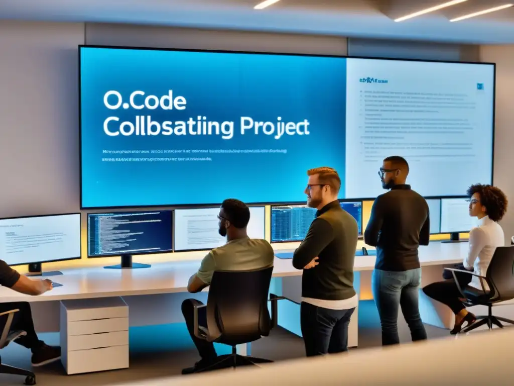 Grupo diverso de desarrolladores colaborando en proyectos de código abierto en un moderno y futurista espacio de oficina