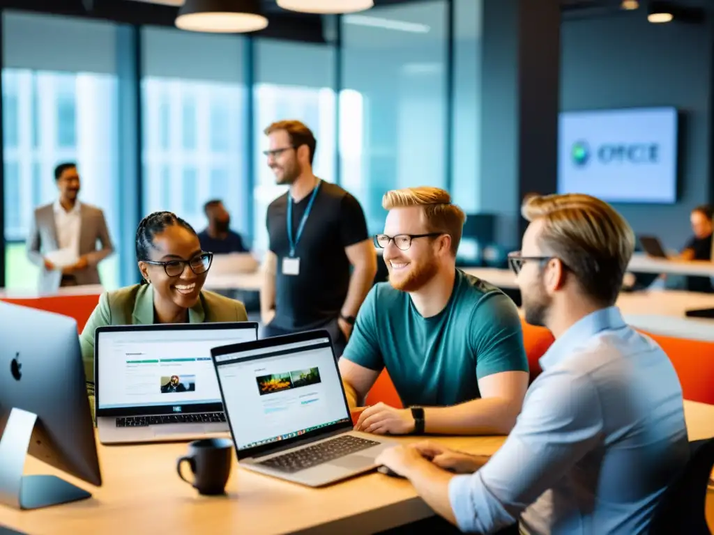 Un grupo diverso de desarrolladores colabora en proyectos de código abierto en un espacio de oficina moderno