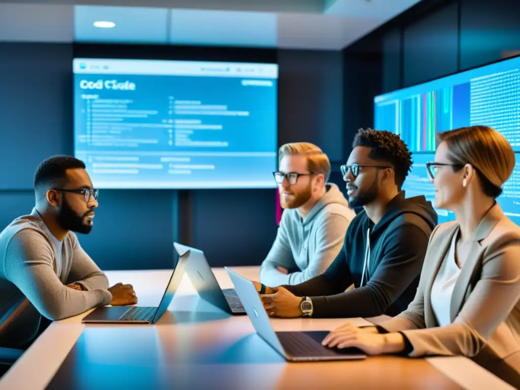 Un grupo diverso de desarrolladores de software colaborando en proyectos de código abierto en un espacio de oficina moderno
