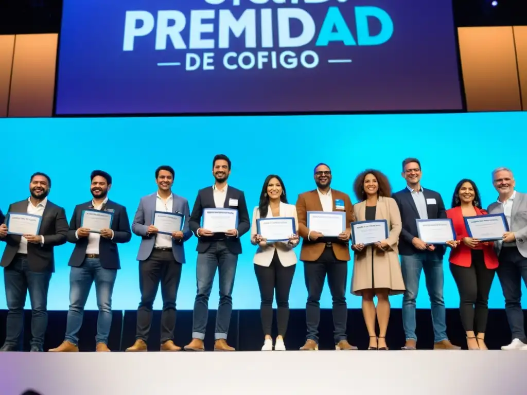 Grupo diverso de desarrolladores de software en el escenario, celebrando los 'Premios en la comunidad de código abierto' con trofeos y certificados, mientras la audiencia aplaude con entusiasmo