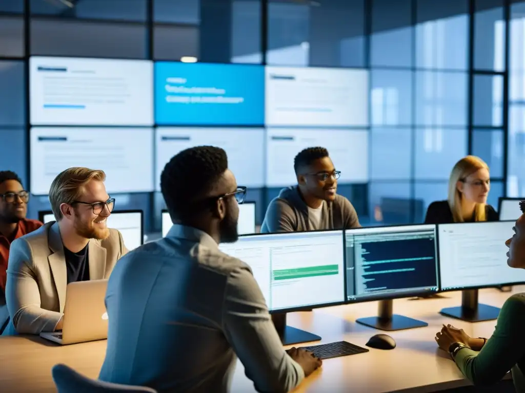 Grupo diverso de desarrolladores de software colaborando en código en una oficina moderna con luz natural y arte abstracto
