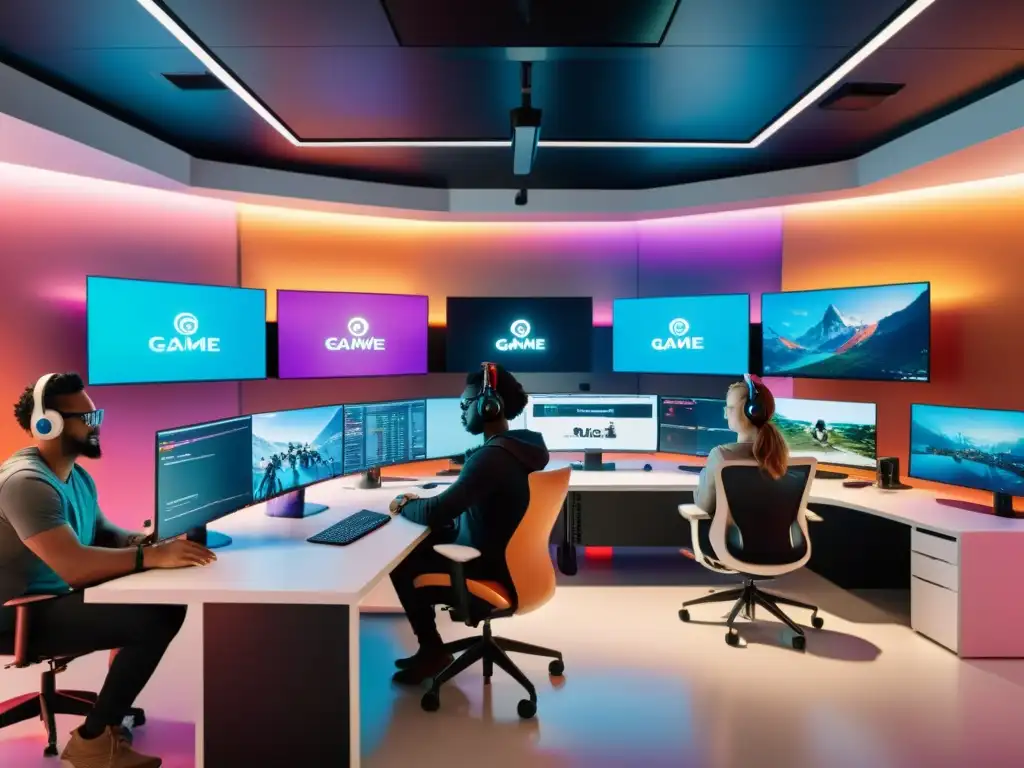 Grupo diverso de desarrolladores de videojuegos colaborando en un moderno espacio de oficina