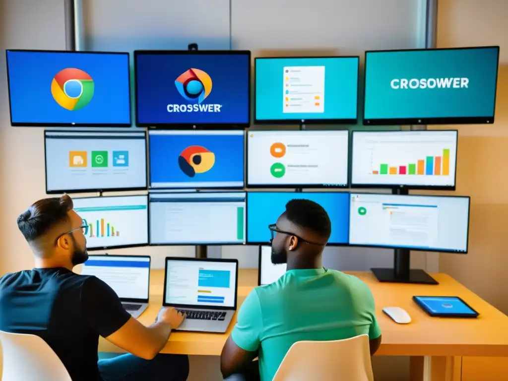Un grupo diverso de desarrolladores web colaborando en pruebas de compatibilidad CrossBrowser en código abierto