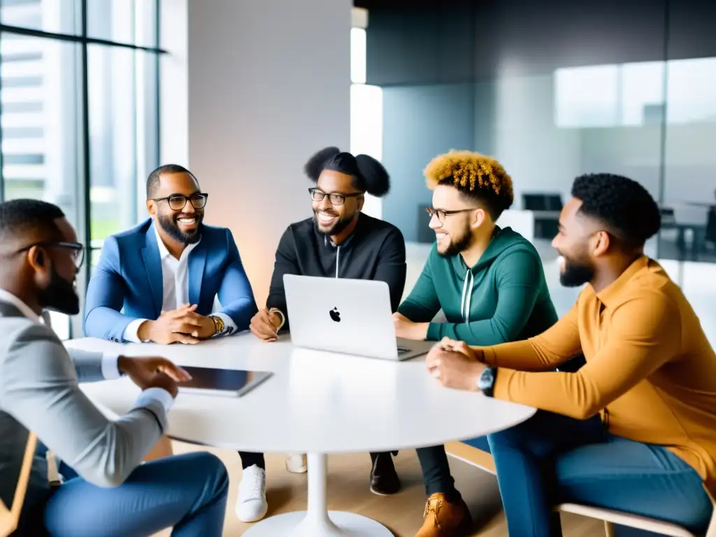 Grupo diverso de emprendedores en una animada sesión de brainstorming, discutiendo estrategias para lanzar una startup open source