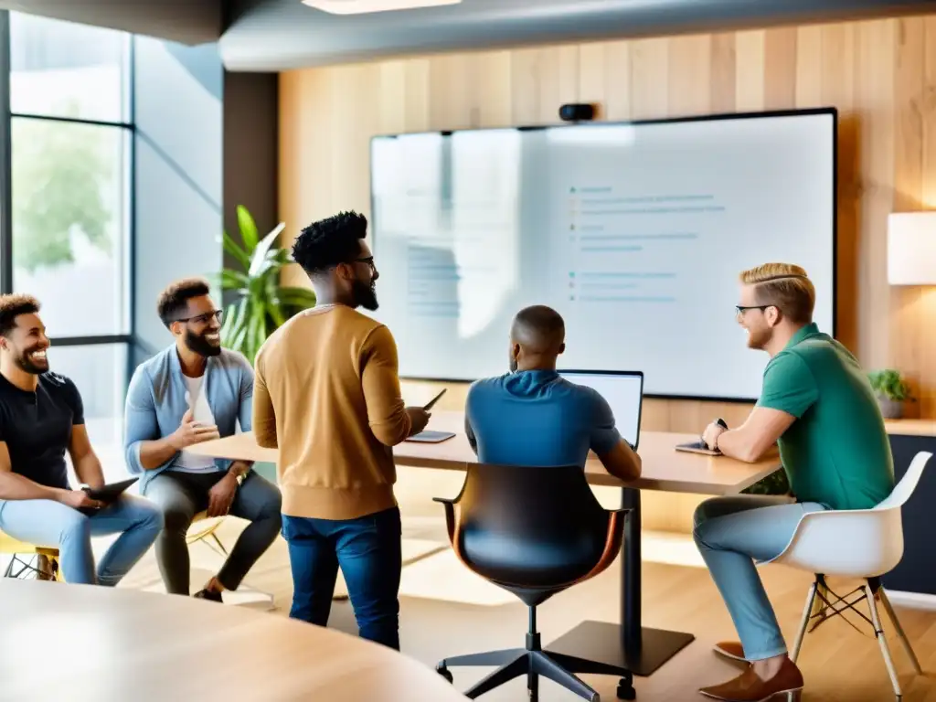 Grupo diverso de emprendedores colaborando en un espacio de coworking moderno, discutiendo estrategias de monetización para startups de código abierto