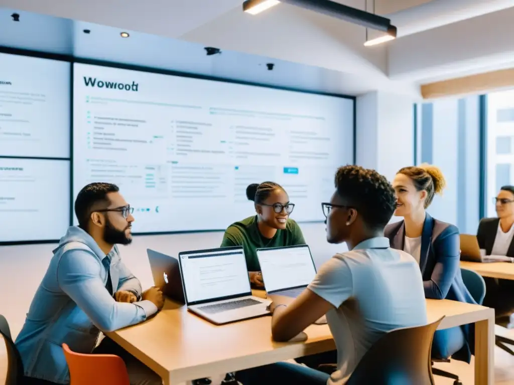 Grupo diverso de emprendedores tecnológicos colaborando en IA de código abierto para startups en un moderno espacio de coworking