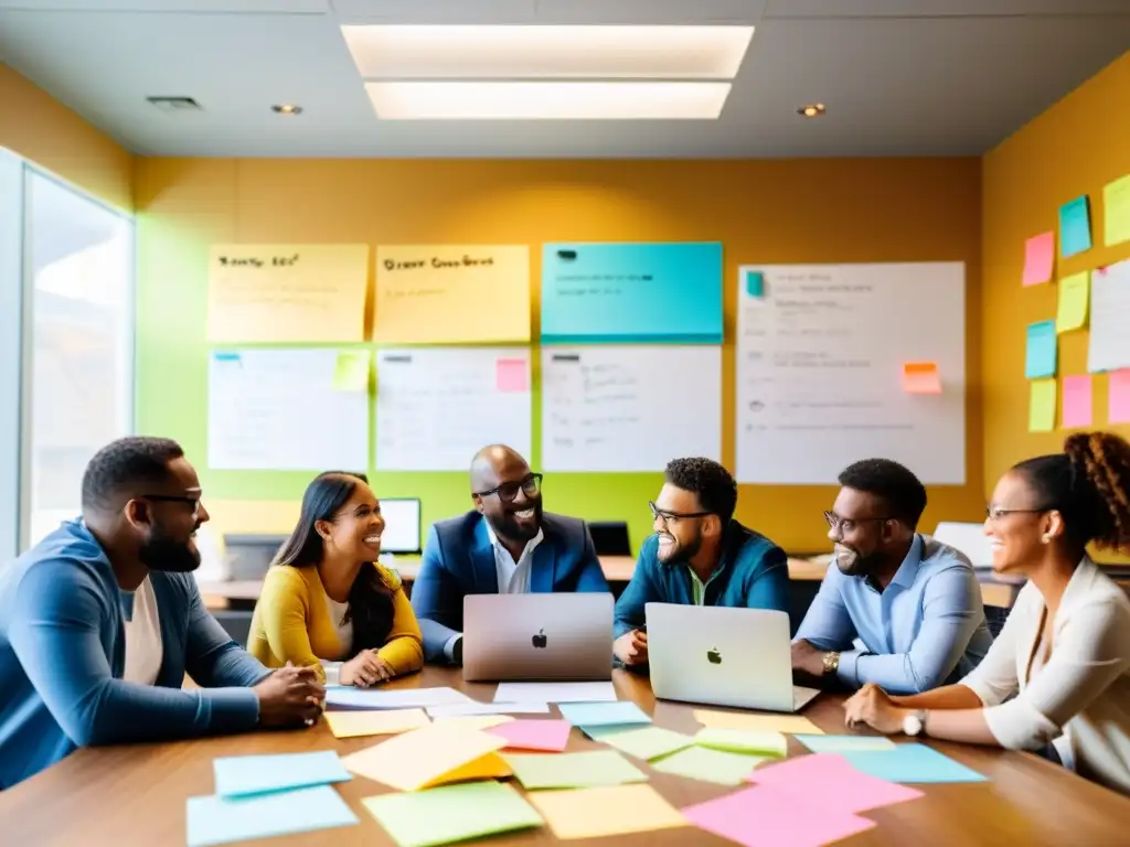 Grupo diverso en hackathon, colaborando con entusiasmo y determinación, rodeados de ideas y creatividad vibrante