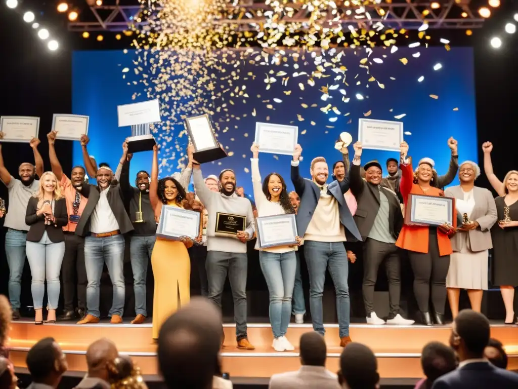 Grupo diverso en el escenario, con premios y confeti, en un auditorio lleno