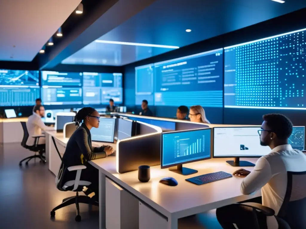 Colaboración innovadora en espacio de trabajo futurista Grupo diverso colaborando en un espacio futurista de trabajo con tecnología de vanguardia, simbolizando el impacto social de la IA de código abierto