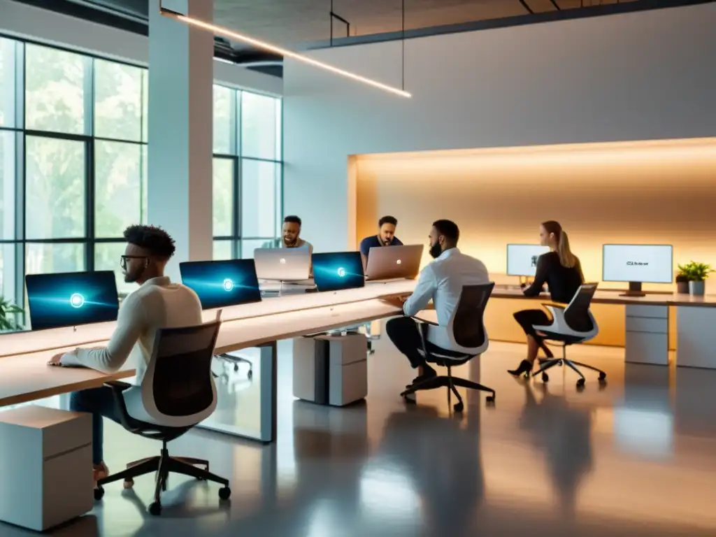 Un grupo diverso colabora en laptops en un espacio moderno con luz natural