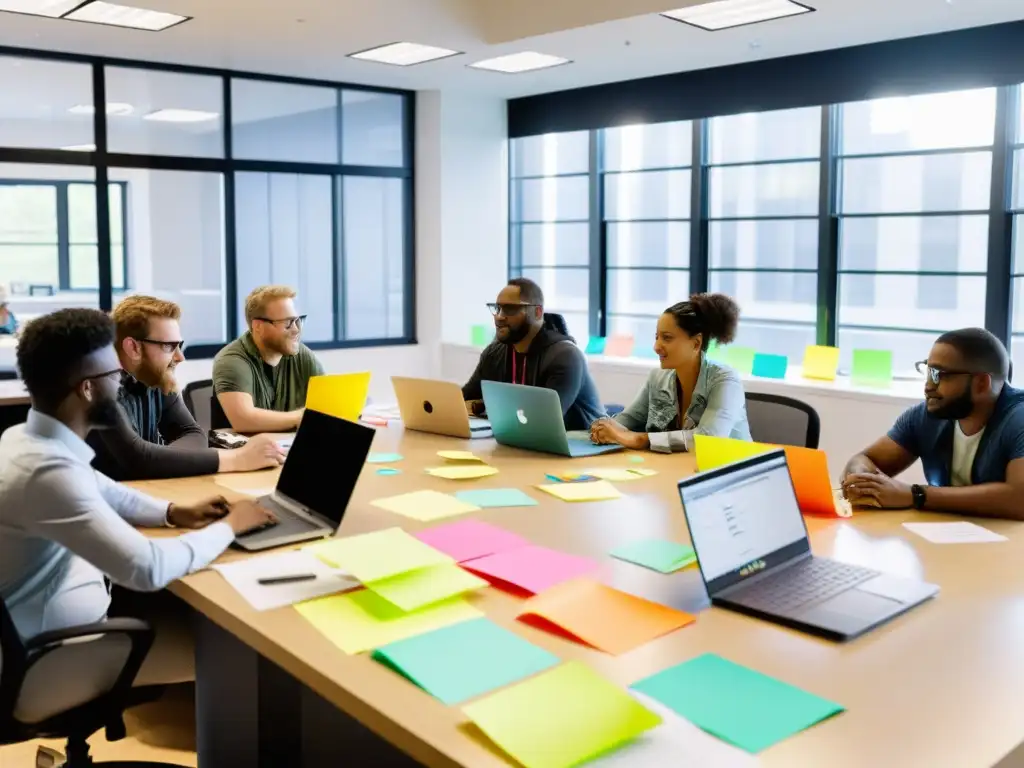 Un grupo diverso colabora en un espacio de oficina brillante, discutiendo y compartiendo ideas sobre plataformas de código abierto para activismo